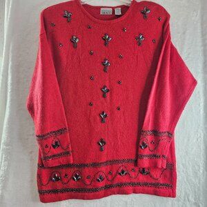 Fitting Image Women Sweater Size 3x Silk Nylon Angora Lambswool Red Knit Beaded